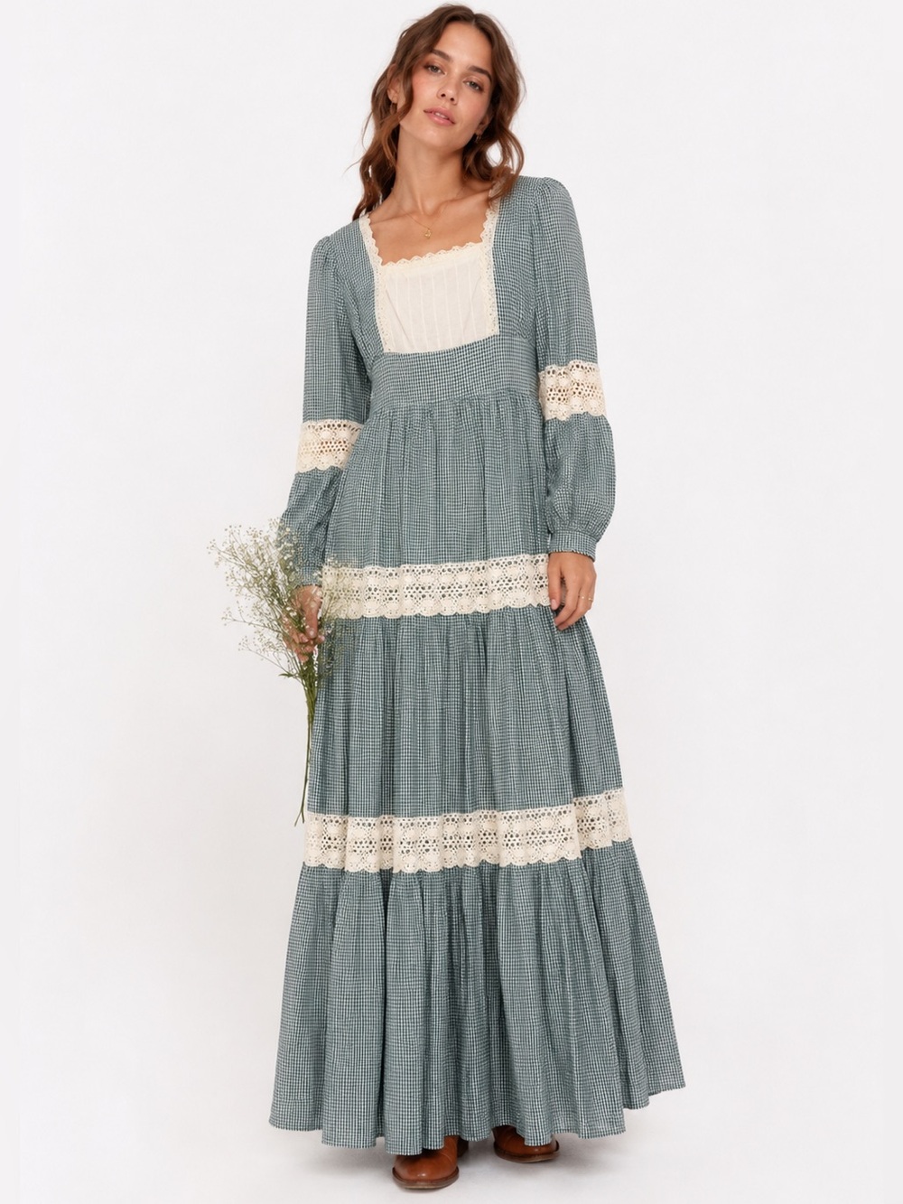 Gunne Sax Vintage 70s Green Gingham Prairie Maxi Crochet Lace Details